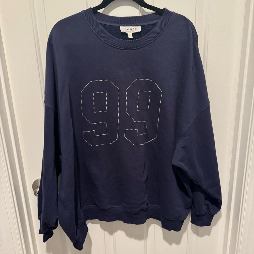 L*SPACE by Anthropologie Navy Rhinestone '99' Sweatshirt Size XL